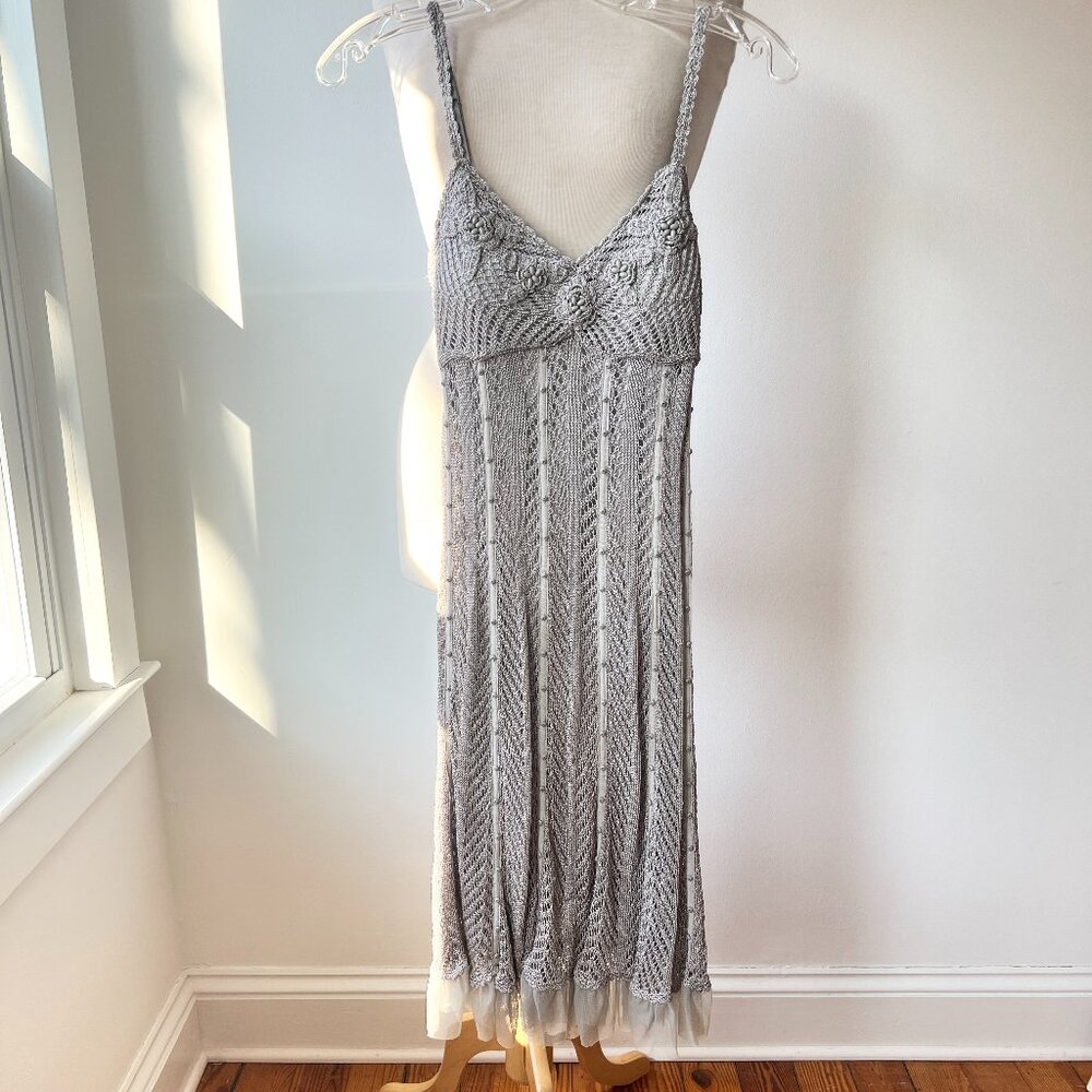 Sue Wong metallic silver crochet knit dress  size xs